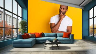 Portrait minded interested afro american guy touch hand chin look copyspace think thoughts decide decision choose choice solution wear casual style outfit isolated vivid color background Wall mural