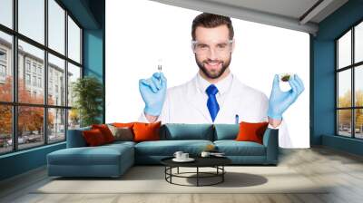 Portrait of attractive biologist in white outfit with tie, showing having forceps and vial with field and small plant, going to make expertising, inspection, isolated on grey background Wall mural