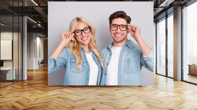 Portrait of attractive cheerful couple touching specs hugging isolated over gray pastel color background Wall mural