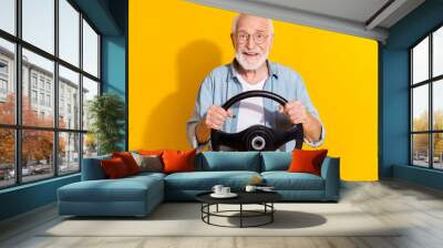 Portrait of attractive cheerful grey-haired man driving rental order buy new vehicle isolated on vivid yellow color background Wall mural