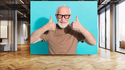 Portrait of attractive cheerful grey-haired man showing double thumbup ad trust isolated over bright blue color background Wall mural