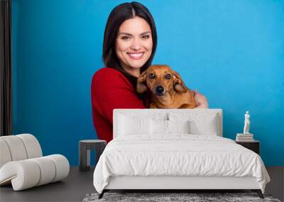 Portrait of attractive cheerful woman holding hugging doggy isolated over bright blue color background Wall mural