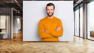 Portrait of attractive self-assured with beaming shiny smile haircut with long furfur wearing casual classic color of mustard sweater macho man standing with folded arms isolated on gray background Wall mural