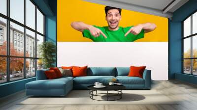 Portrait of crazy ecstatic funny guy wear stylish t-shirt directing at sale on placard empty space isolated on yellow color background Wall mural