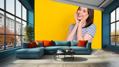 Portrait of cute gorgeous girl straight hairstyle wear striped t-shirt palms on cheekbones smiling isolated on yellow color background Wall mural