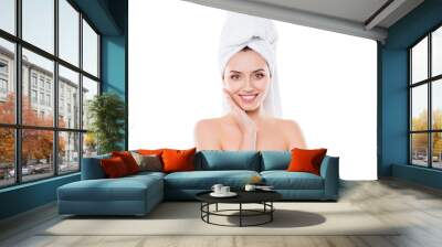 Portrait of cute sexy woman after shower with towel on head touching enjoying perfect soft face skin isolated on white background. Wellbeing mask lotion scrub hydration complexion concept Wall mural