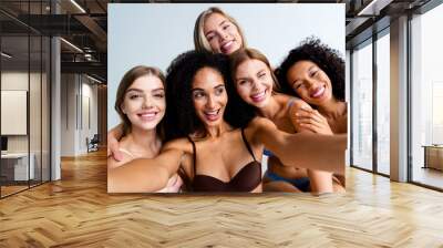 Portrait of five lovely model girls smile eye wink take selfie be yourself isolated on studio background Wall mural