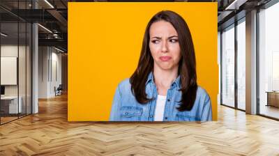 Portrait of frustrated girl look copyspace dislike spoiled scent wear casual style clothes isolated over vivid color background Wall mural