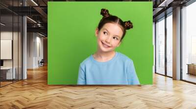 Portrait of funny small girl have two hair buns looking empty space interesting wondering isolated green color background Wall mural