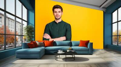 Portrait of gorgeous chic guy worker cross his hands feel serious ready solve start-up problems real expert wear casual style outfit isolated over yellow color background Wall mural