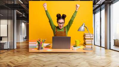 Portrait of her she attractive cheerful cheery skilled girl geek programmer working remotely rising hands up a-mark academic progress isolated bright vivid shine vibrant yellow color background Wall mural