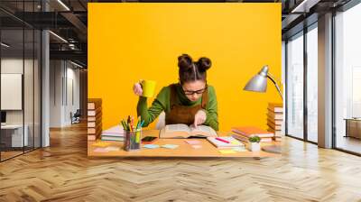 Portrait of her she attractive focused knowledgeable brainy diligent girl nerd reading book finding solution drinking caffeine isolated bright vivid shine vibrant yellow color background Wall mural