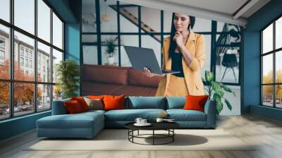 Portrait of her she nice attractive charming stunning lovely mart clever lady researching web launching invest real estate start-up in modern style interior glass room flat house apartment Wall mural