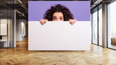 Portrait of her she nice attractive cheerful amazed brunette wavy-haired lady showing hiding behind placard isolated over bright vivid shine violet purple background Wall mural