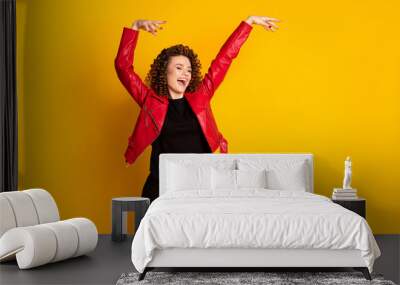 Portrait of her she nice attractive cheerful dreamy wavy-haired girl moving dancing having fun isolated on bright yellow color background Wall mural