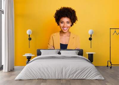 Portrait of her she nice attractive lovely charming cute cheerful cheery content wavy-haired girl folded arms isolated over bright vivid shine vibrant yellow color background Wall mural