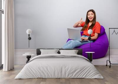 Portrait of her she nice attractive lovely cheerful cheery excited straight-haired girl sitting in bag chair using digital laptop showing thumbup excellent light grey pastel color wall room Wall mural