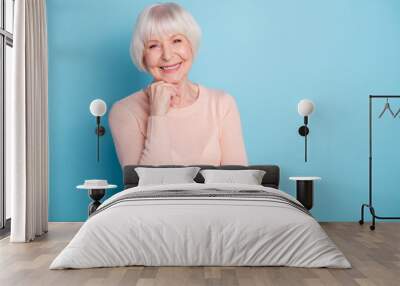 Portrait of her she nice-looking attractive lovely kind well-groomed cheerful cheery glad content gray-haired lady enjoying healthy life isolated on bright vivid shine blue green turquoise background Wall mural