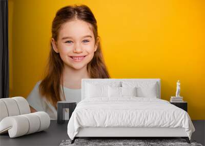 Portrait of her she nice-looking cute winsome sweet attractive lovely pretty cheerful cheery positive caucasian pre-teen girl isolated over bright vivid shine yellow background Wall mural