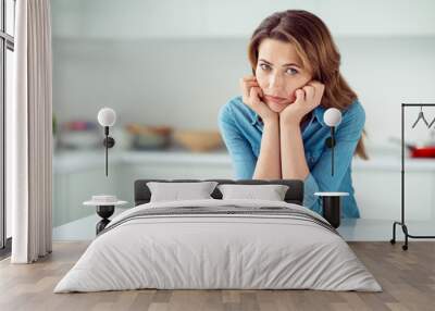 Portrait of her she nice lovely charming attractive sad dull disappointed gloomy moody brown-haired lady dislike new green mix vegs vitamin salad in light white interior style kitchen Wall mural