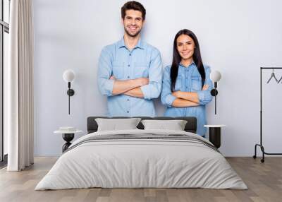 Portrait of his he her she nice-looking attractive charming lovely cheerful content couple partners leaders best friends wearing casual folded arms isolated over light white pastel color background Wall mural