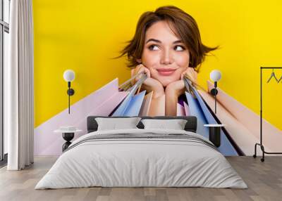 Portrait of lovely minded lady hands hold shop bags look empty space isolated on yellow color background Wall mural