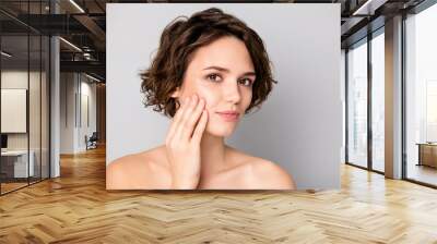 Portrait of lovely pretty charming girl have skin care plastic surgery procedure look in mirror touch finger hands face isolated over gray color background Wall mural