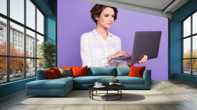 Portrait of nice brunette short hair optimistic lady hold laptop wear white shirt isolated on lilac color background Wall mural