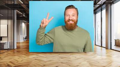 Portrait of nice handsome positive man with red hairstyle dressed khaki pullover showing v-sign isolated on blue color background Wall mural