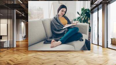 Portrait of nice lovely sweet tender attractive charming calm peaceful straight-haired girl sitting barefoot on divan reading poems stories in light interior room Wall mural