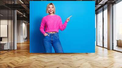 Portrait of nice young woman indicate finger empty space wear pink sweater isolated on blue color background Wall mural