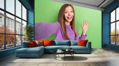 Portrait of positive cheerful girl with long hairstyle dressed purple long sleeve making selfie say hi isolated on green color background Wall mural