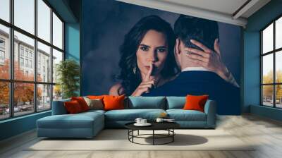 Portrait of pretty charming mrs in purple dress with jewelry half face mr in tuxedo bowtie holding hand in pocket of pants embracing his lover lovely attractive couple isolated on grey background Wall mural