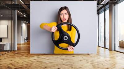 Portrait of pretty worried tense girl holding in hands steering wheel driving invisible car isolated over grey color background Wall mural