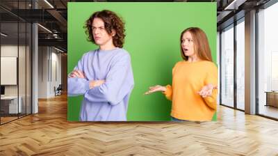 Portrait of questioned girl shrug shoulders mad offended guy folded hands isolated on green color background Wall mural