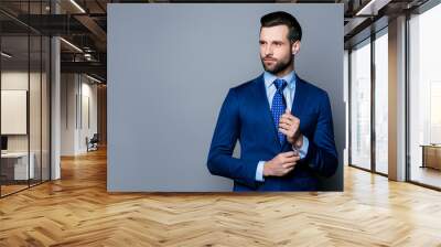 Portrait of serious fashionable handsome man in blue suit and tie  buttoning cufflinks Wall mural