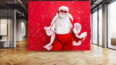 Portrait of style fat overweight santa claus with big funny belly abdomen touch his suspenders overalls posing like a model wearing trousers pants isolated over red background Wall mural