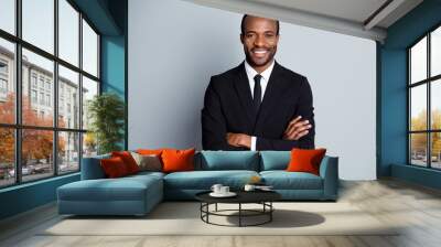 Portrait of true leadership entrepreneur wealthy afro american company owner man cross hands ready decide work solution wear blazer isolated over gray color background Wall mural