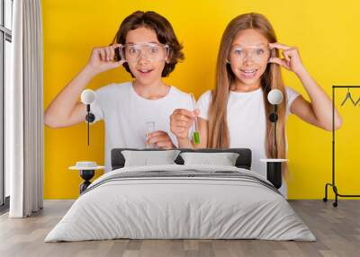 Portrait of two attractive cheerful kids studying learning chemistry lab subject isolated over bright yellow color background Wall mural