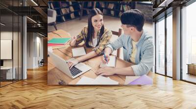 Portrait of two attractive cheerful people classmates learners using laptop preparing test at loft industrial interior indoors Wall mural