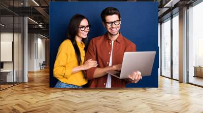 Portrait of two attractive positive colleagues use wireless netbook develop project isolated on blue color background Wall mural