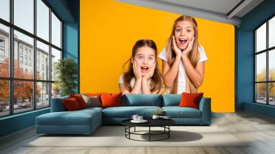 Portrait of two nice crazy adorable winsome sweet attractive lovely pretty cheerful cheery straight-haired girls omg facial expression isolated over bright vivid shine yellow background Wall mural