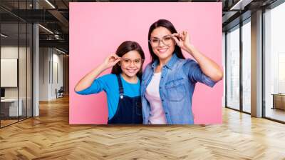 Portrait of two nice trendy cute winsome pretty lovely attractive charming cheerful cheery positive straight-haired girls touching glasses lifestyle isolated over pink pastel background Wall mural