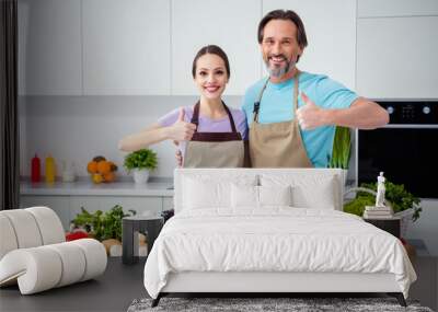 Portrait of two positive satisfied people embrace hand finger demonstrate thumb up kitchen indoors Wall mural