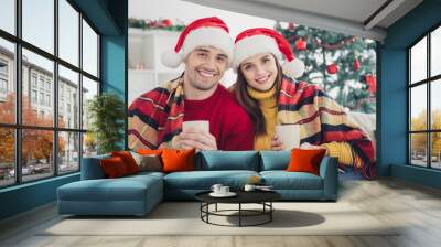 Portrait of two romantic people in santa claus caps have romance enjoy holly christmas atmosphere hold cup sit on sofa with checkered plaid blanket feel comfy in house indoors Wall mural