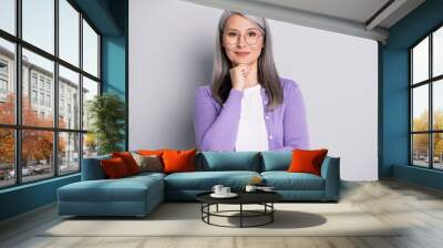 Portrait photo of middle age businesswoman employee touching keeping wearing eyeglasses friendly smiling on interview isolated on grey color background Wall mural