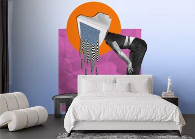 Poster collage image of unknown young woman with computer obsolete device on head isolated on drawing background Wall mural