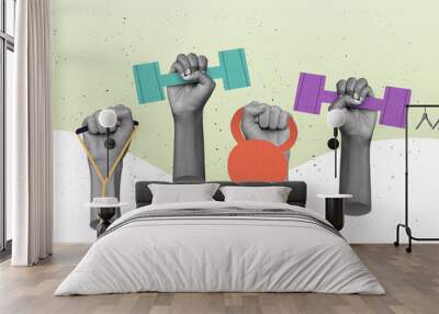 Poster collage of sportsman arms raise fitness tools health life body development concept isolated paint color background Wall mural