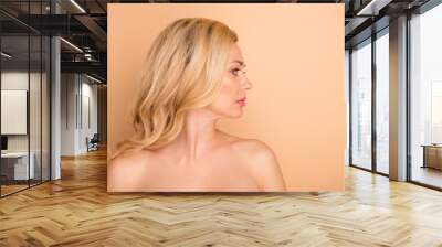 Profile photo of beautiful lady taking salon rejuvenation procedure wear nothing isolated pastel beige background Wall mural