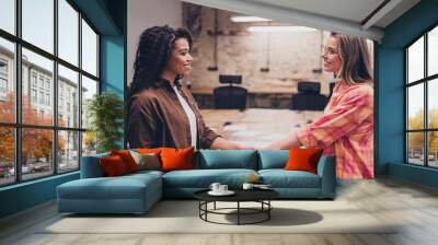 Profile photo of two corporate workers girls handshake cooperate business center office indoors Wall mural